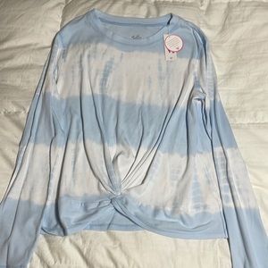 Justice NWT Blue and White Twist Tie Front Long Sleeve Tie Dye Tee Shirt